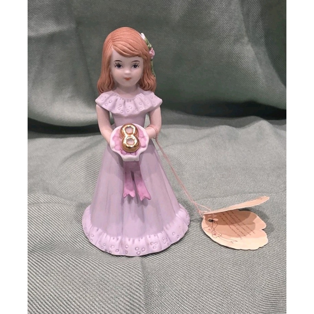 Vtg 1982 ENESCO Growing Up Birthday Girls Age 8 Light Brown Hair Figurine Flower